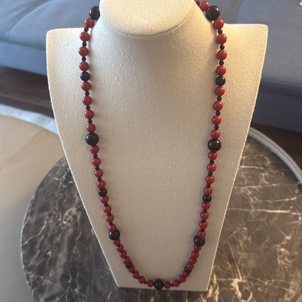Vintage Signed Monet Long Necklace with Red & Black Lucite Beads.